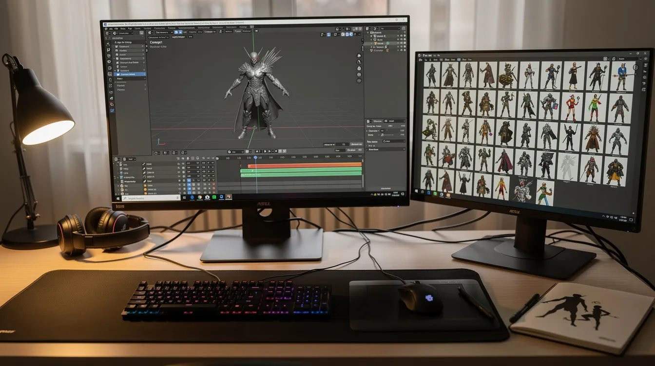 Blender open with a 3D character on a game developer's desktop