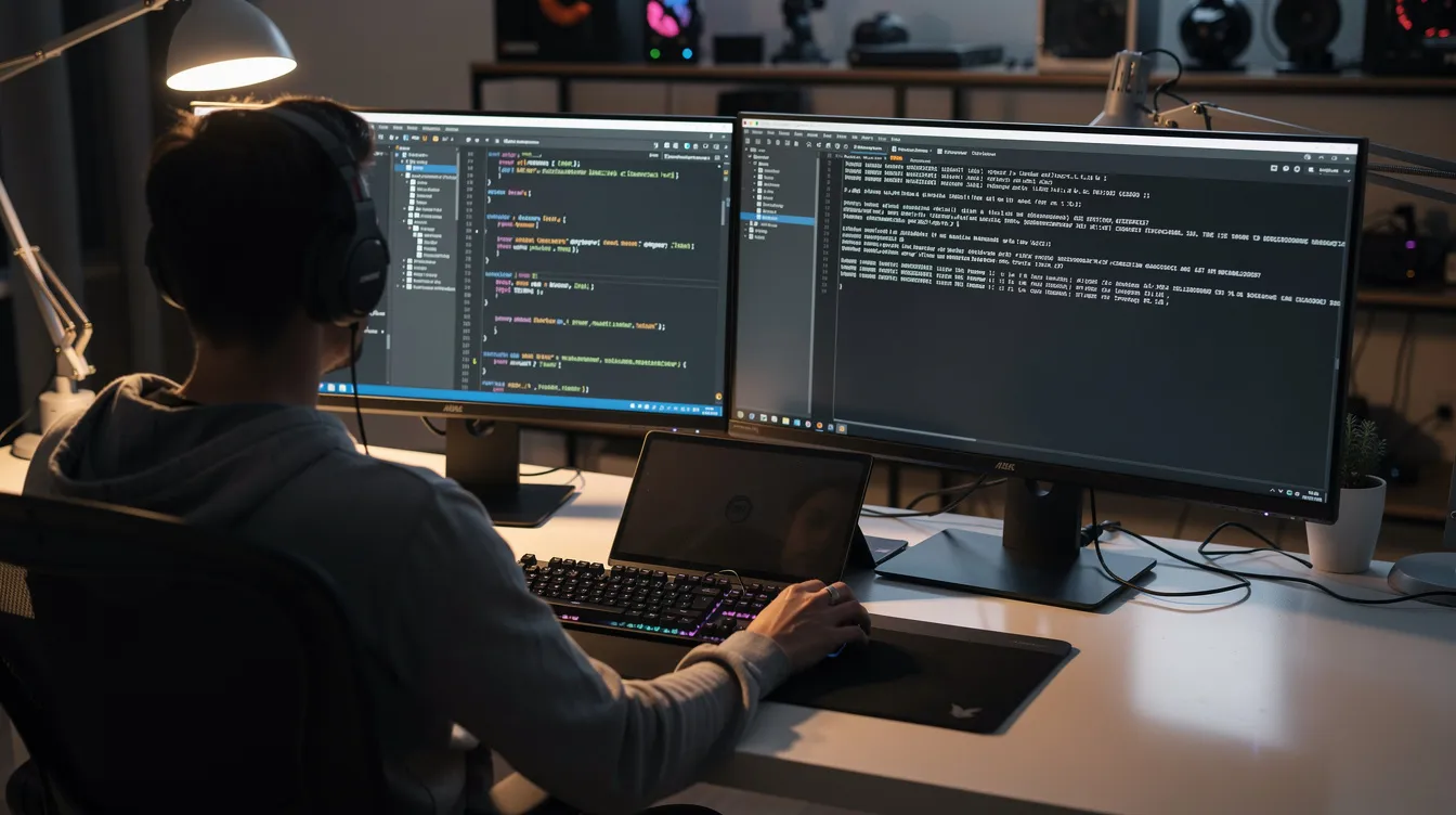 A developer sits at a desk with dual monitors displaying code in Visual Studio Code alongside a terminal for running commands. The setup highlights the use of AI coding assistants, showcasing the integration of tools like GitHub Copilot and Cursor for efficient software development and multi-file editing.
