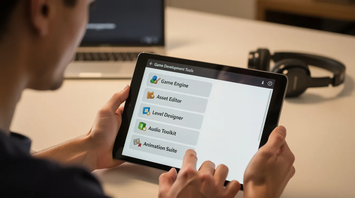A person is using a tablet to scroll through a directory of game development tools, exploring various options to create their own games. The screen displays icons and descriptions of game engines and programming resources, highlighting tools for both 2D and 3D game design.