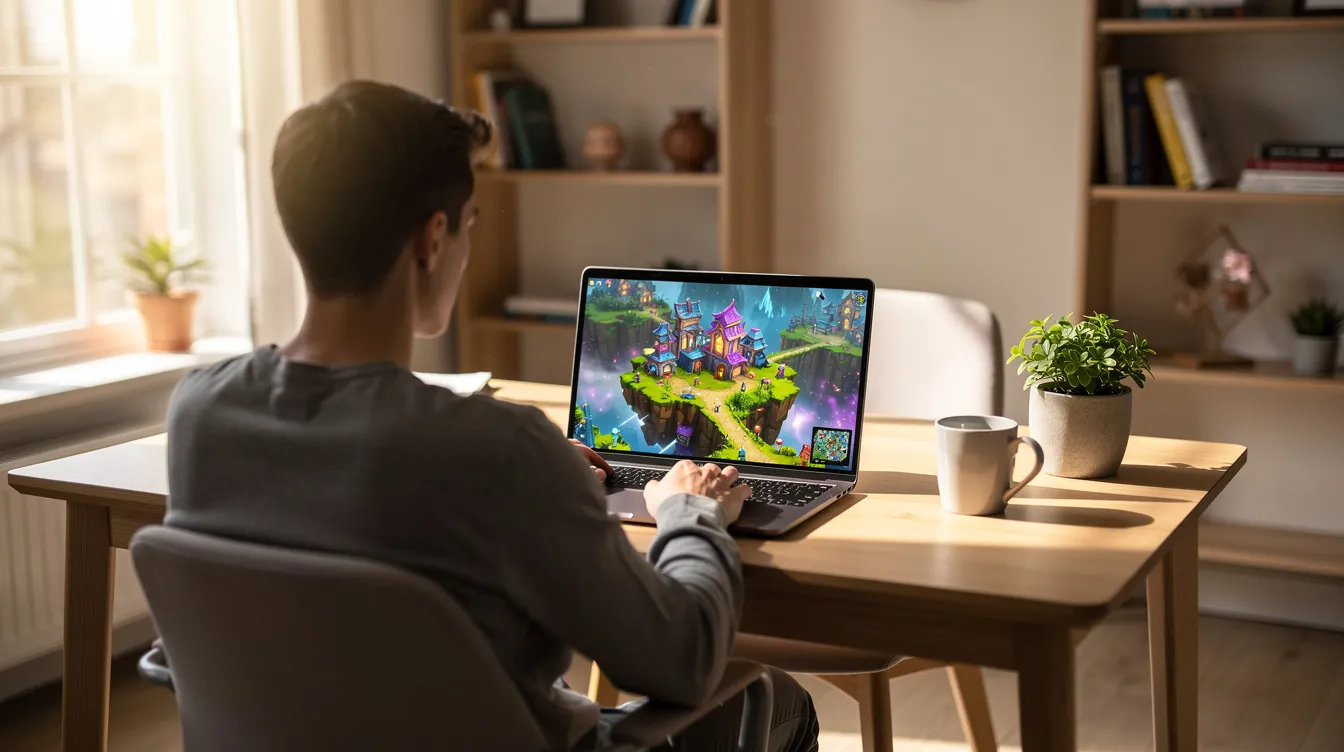 A person is seated at a laptop in a bright home office, engaged with a colorful 3D game world displayed on the screen, showcasing various gameplay elements and interactive experiences. The environment suggests a focus on game development, with the potential for creating their own game using a free AI game maker or no code game engine.