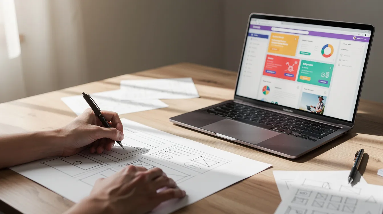 A person sketching a wireframe beside a laptop showing a web app dashboard