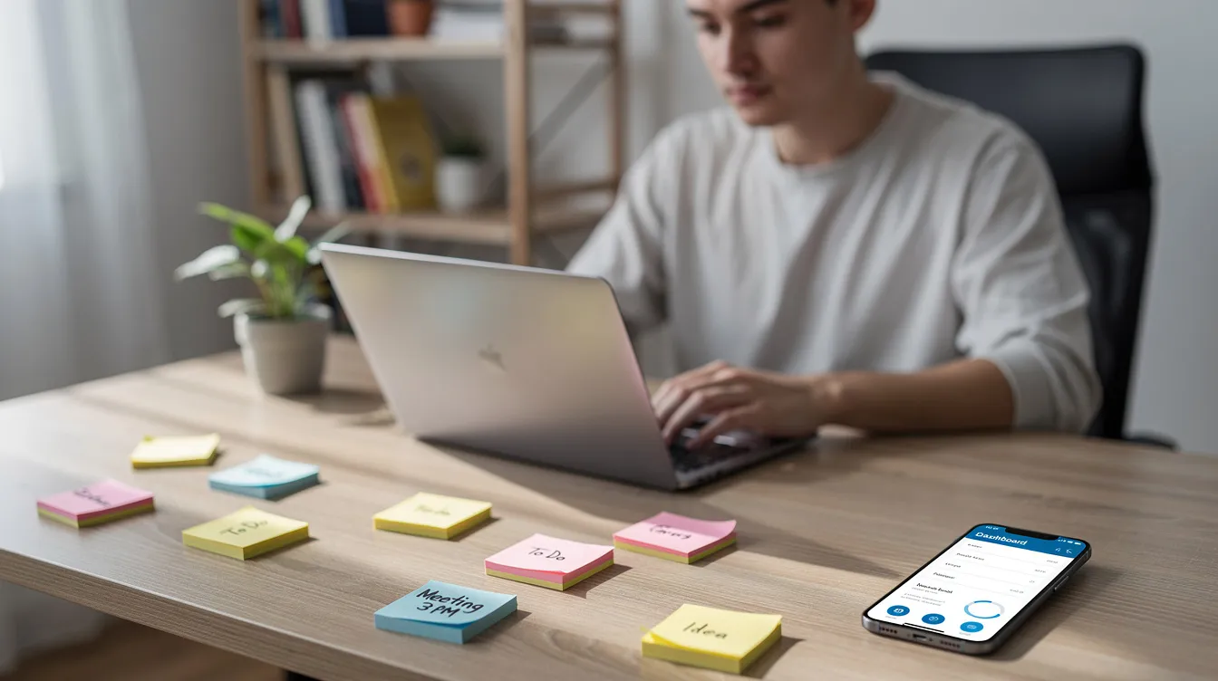 A person at a laptop surrounded by sticky notes