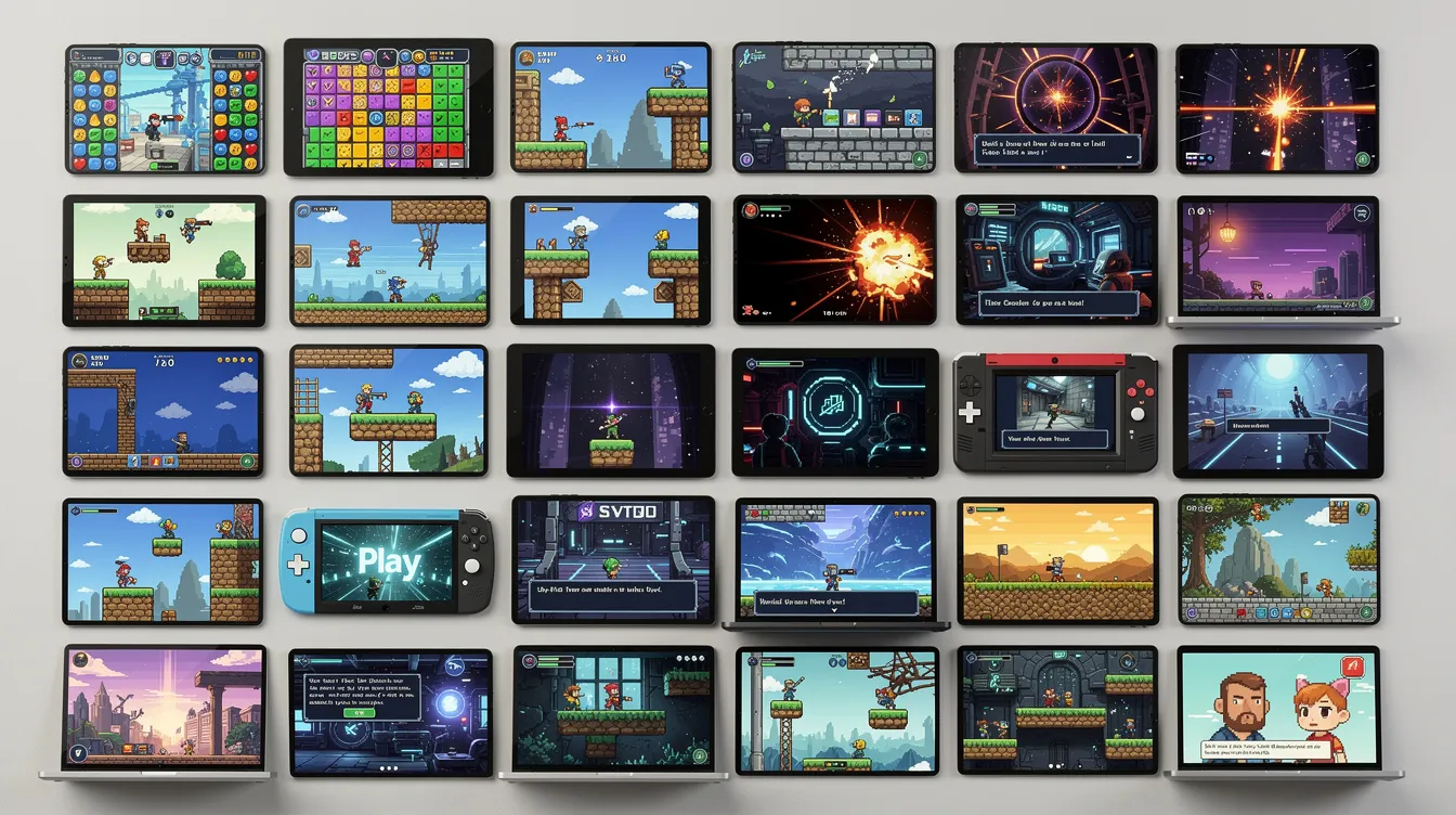 A grid of game screenshots across genres