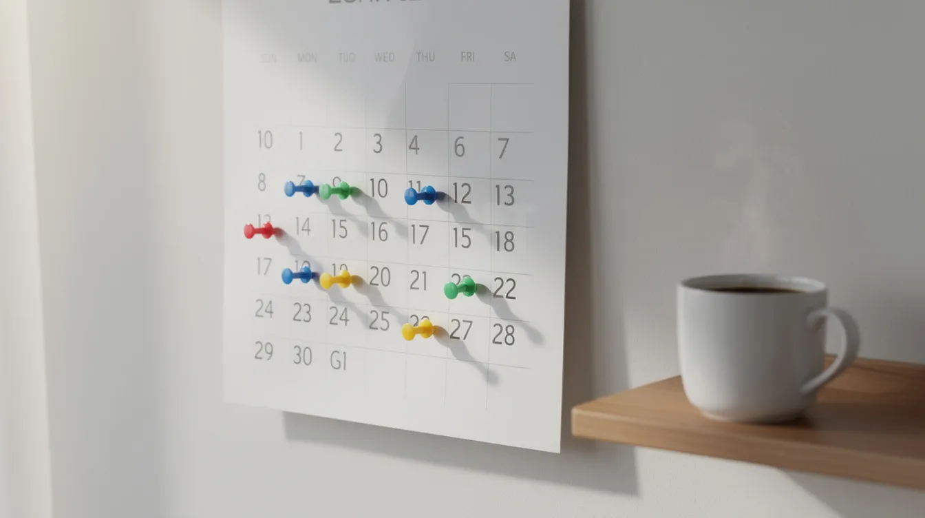 The image features a wall calendar adorned with colorful pins marking various dates, accompanied by a steaming cup of coffee, creating a cozy workspace atmosphere. This scene suggests an organized approach to managing tasks, perhaps related to planning for lovable pricing plans or tracking credits for projects.