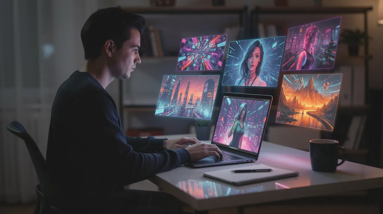 A person typing prompts on a laptop surrounded by AI-generated images