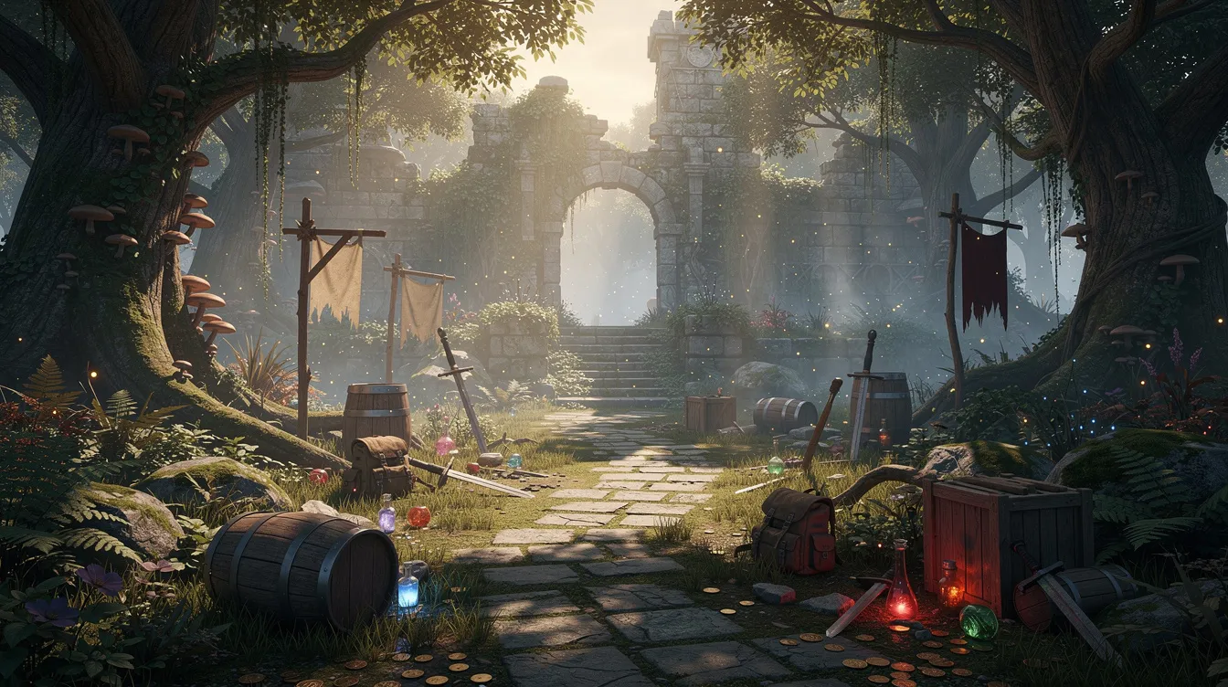 A detailed 3D fantasy game environment with props