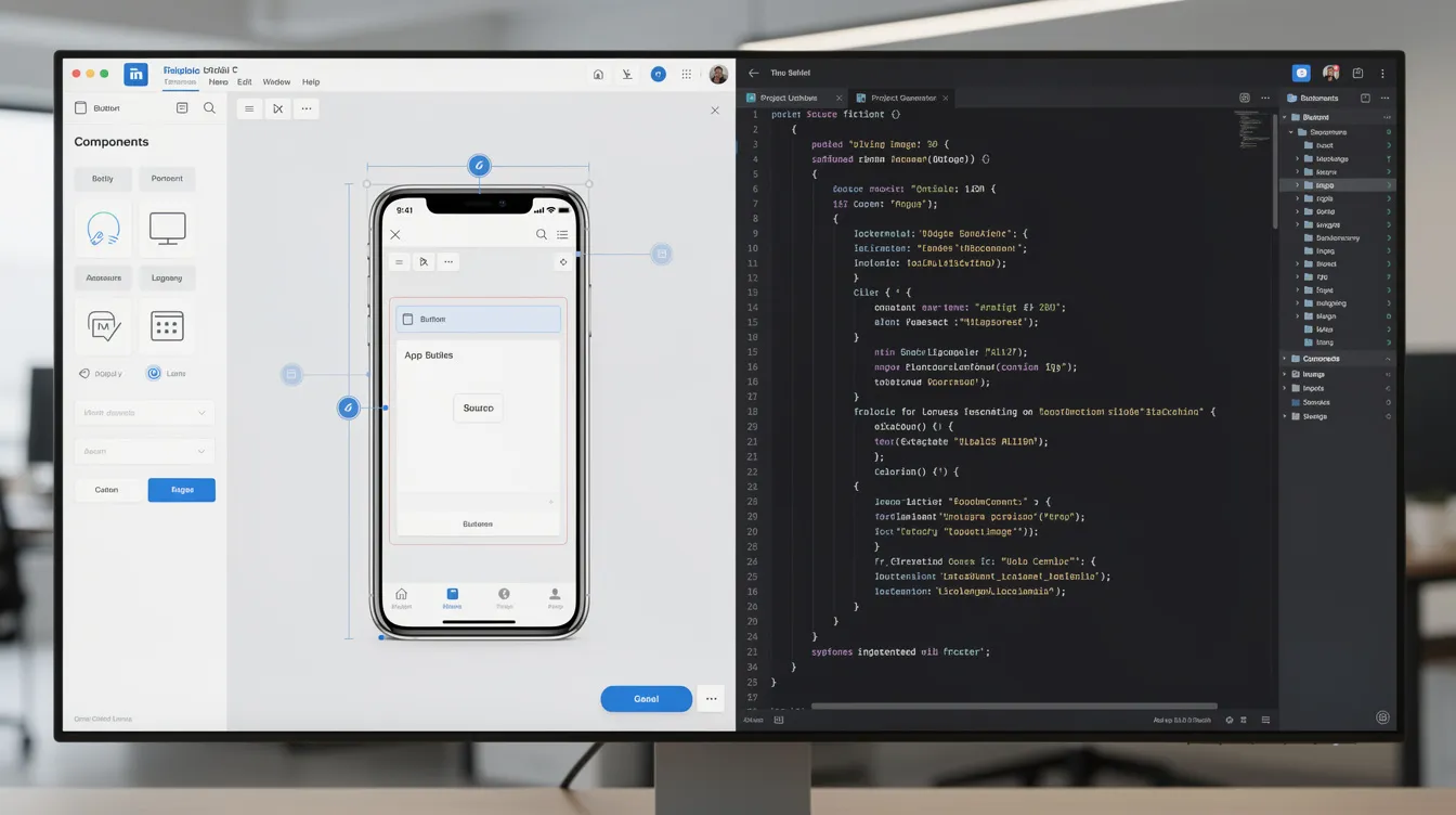 A visual app builder next to a code view