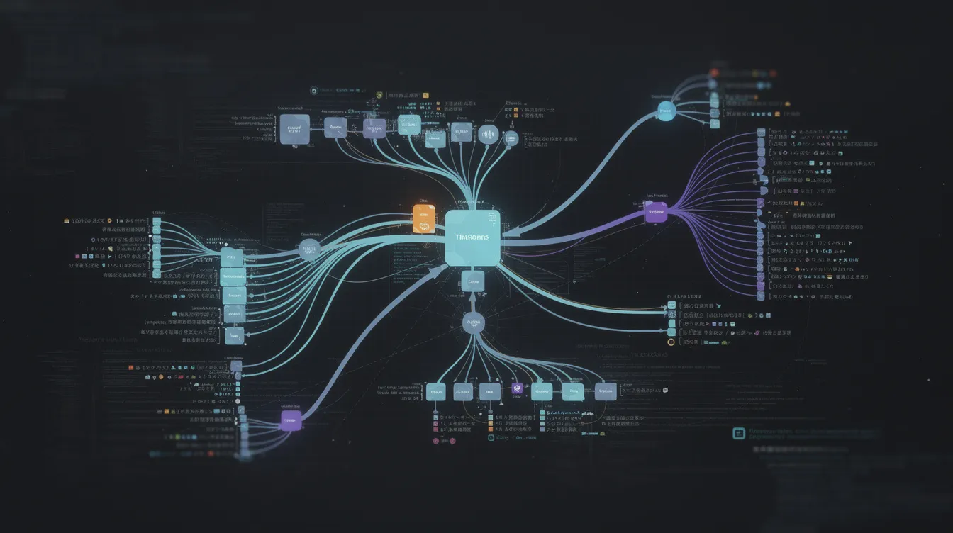 The image depicts an abstract network of interconnected nodes symbolizing branching code paths and file dependencies, illustrating the complex relationships in software development. This visual representation may reflect the capabilities of AI coding assistants like GitHub Copilot and Cursor, highlighting their role in aiding developers to navigate and manage entire codebases efficiently.