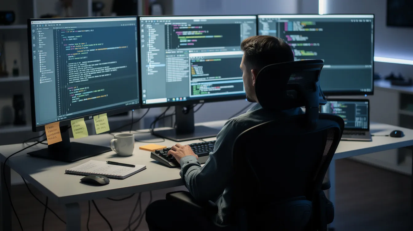 A developer working across several monitors