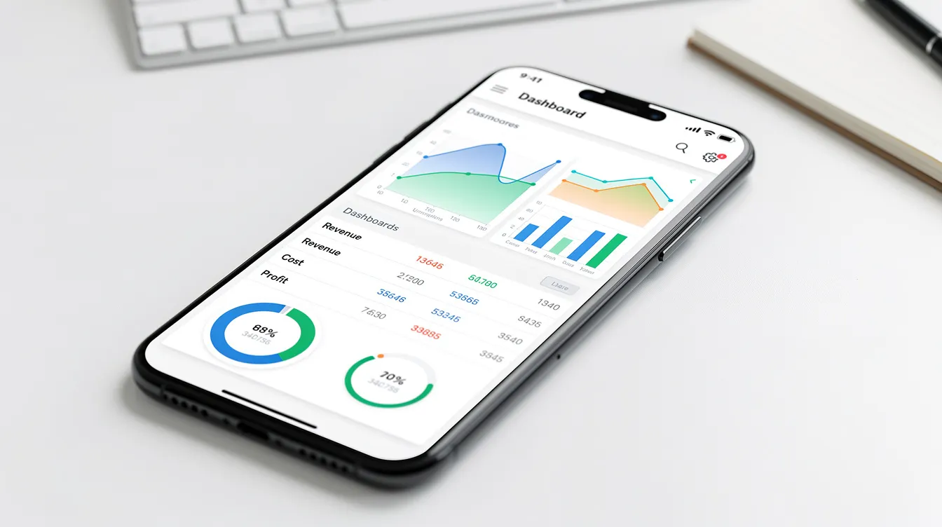 The image shows a smartphone with a sleek business dashboard app, featuring various charts and data tables that provide insights into performance metrics. This mobile app is designed for users to manage their development workflow and track key features in a clean, user-friendly interface.