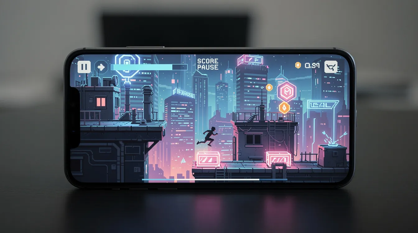 The image shows a brightly lit 2D endless runner game featuring neon city rooftops, displayed on a phone screen, highlighting the vibrant visuals and engaging gameplay typical of modern game development. This scene captures the excitement of playing games on mobile devices, showcasing the creativity and design involved in making games.