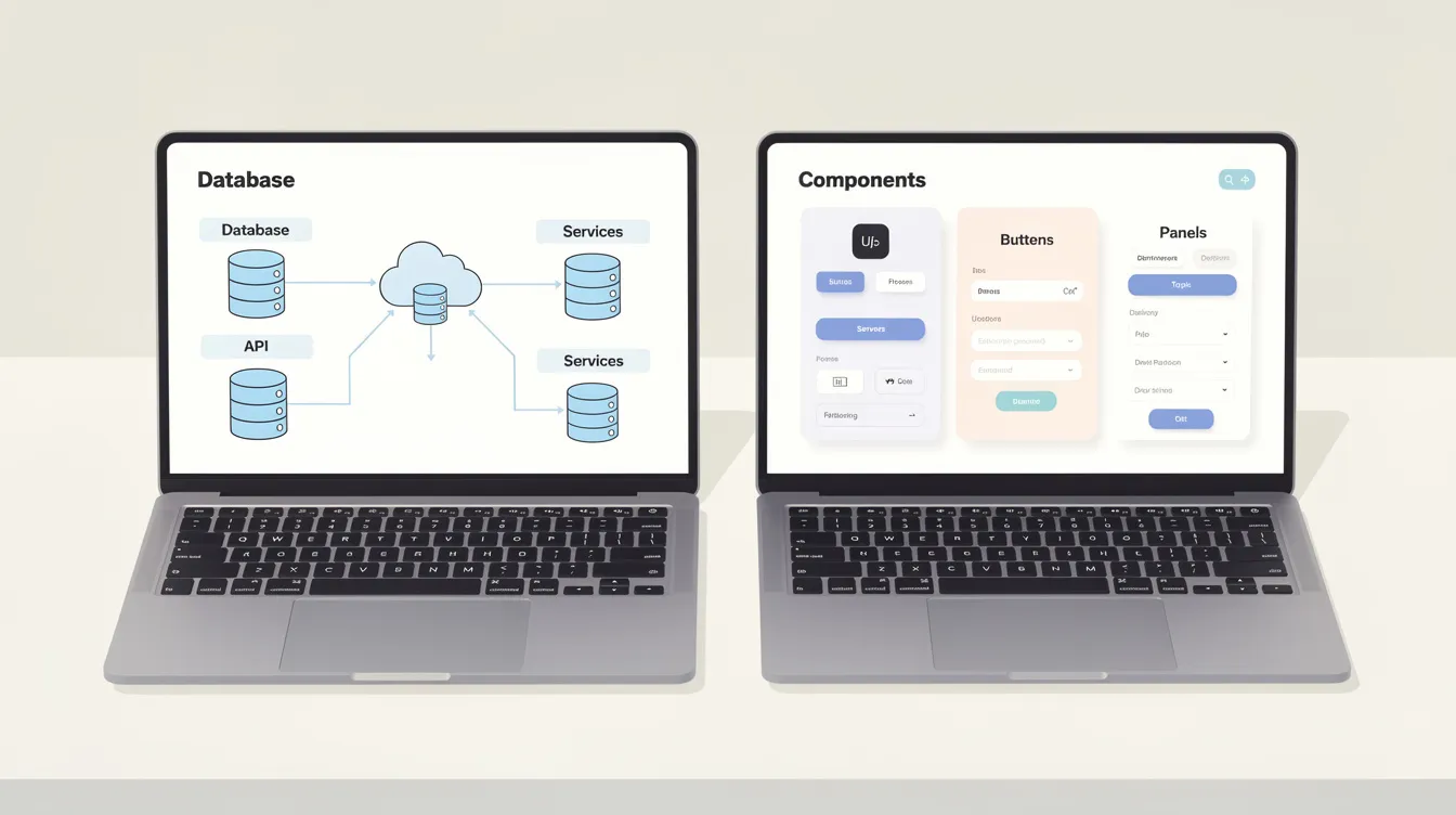 Two laptops showing a database diagram and UI components