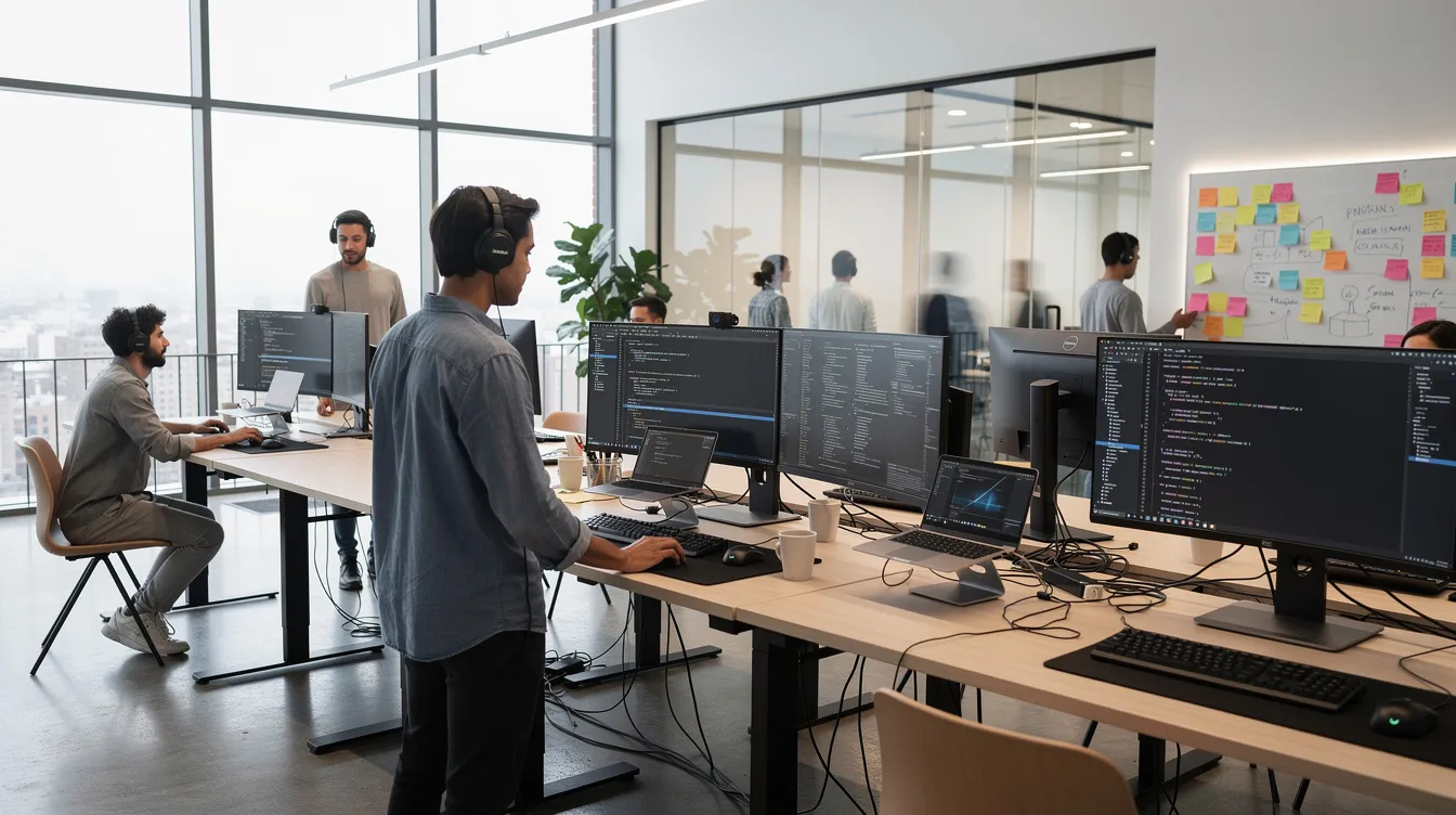The image depicts a modern open-plan office where multiple developers are actively working at standing desks, each equipped with large monitors. The environment is collaborative, reflecting a dynamic workspace that supports power users and encourages teamwork among developers.