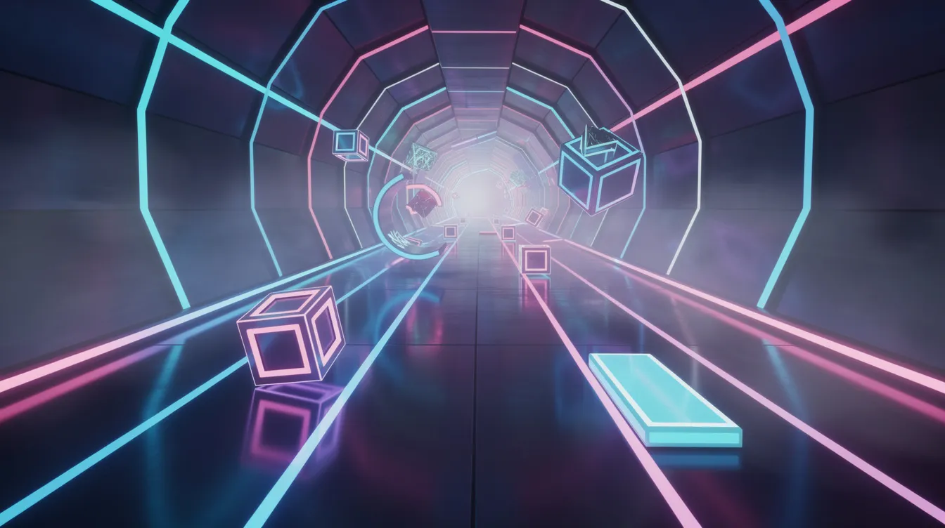 The image depicts a vibrant neon-colored 3D tunnel filled with geometric obstacles, reminiscent of a fast-paced endless runner game scene. This visually striking environment showcases engaging gameplay elements and dynamic lighting, perfect for inspiring ideas in game development and interactive experiences.