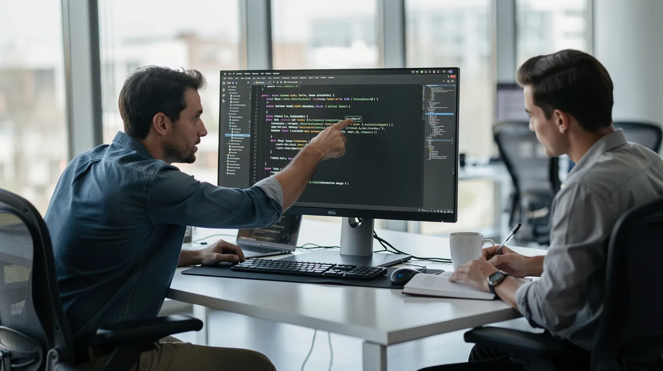 Two developers reviewing code together at a workstation