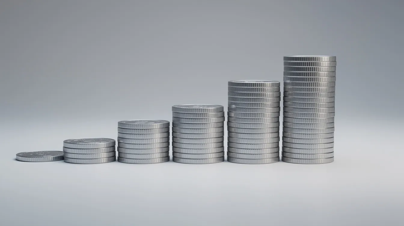 The image depicts stacked metallic coins arranged in ascending columns, symbolizing increasing value tiers. Each column represents a different level of worth, reflecting the concept of pricing models and token usage in API services.