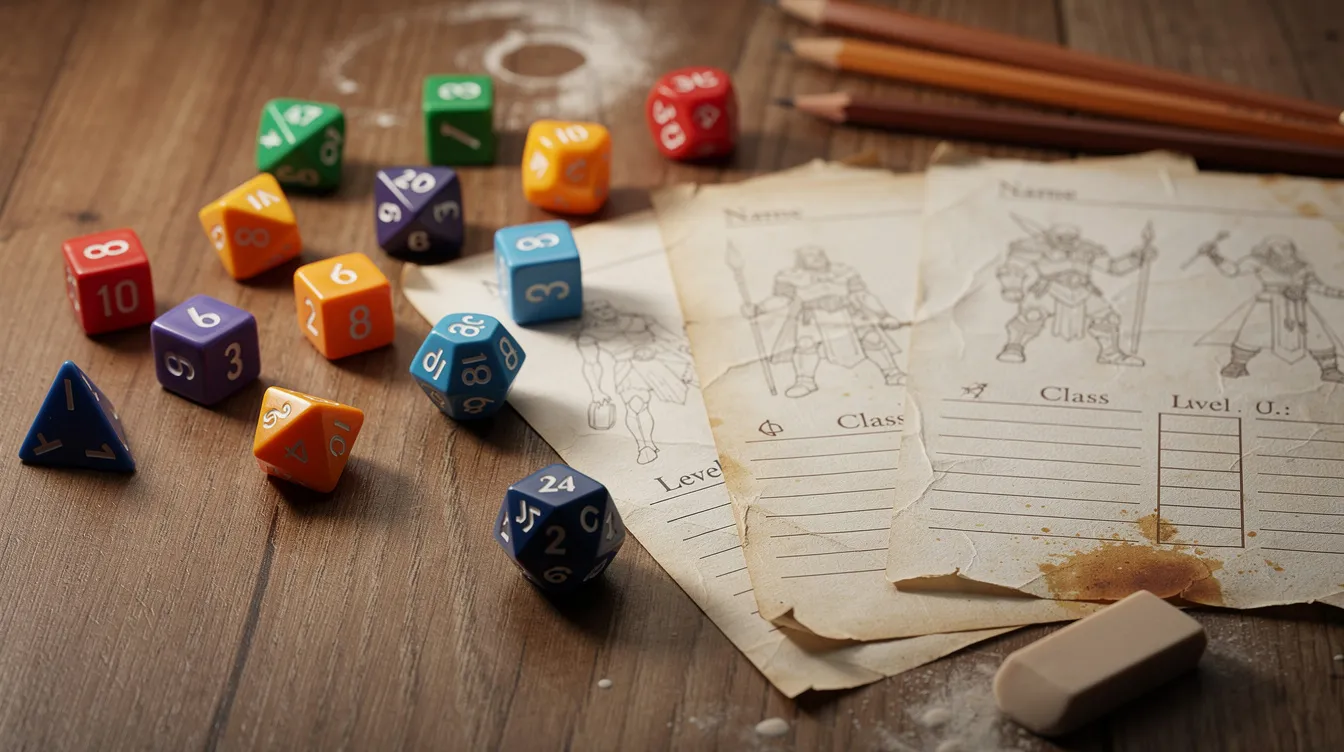 Dice and hand-drawn game notes on a table