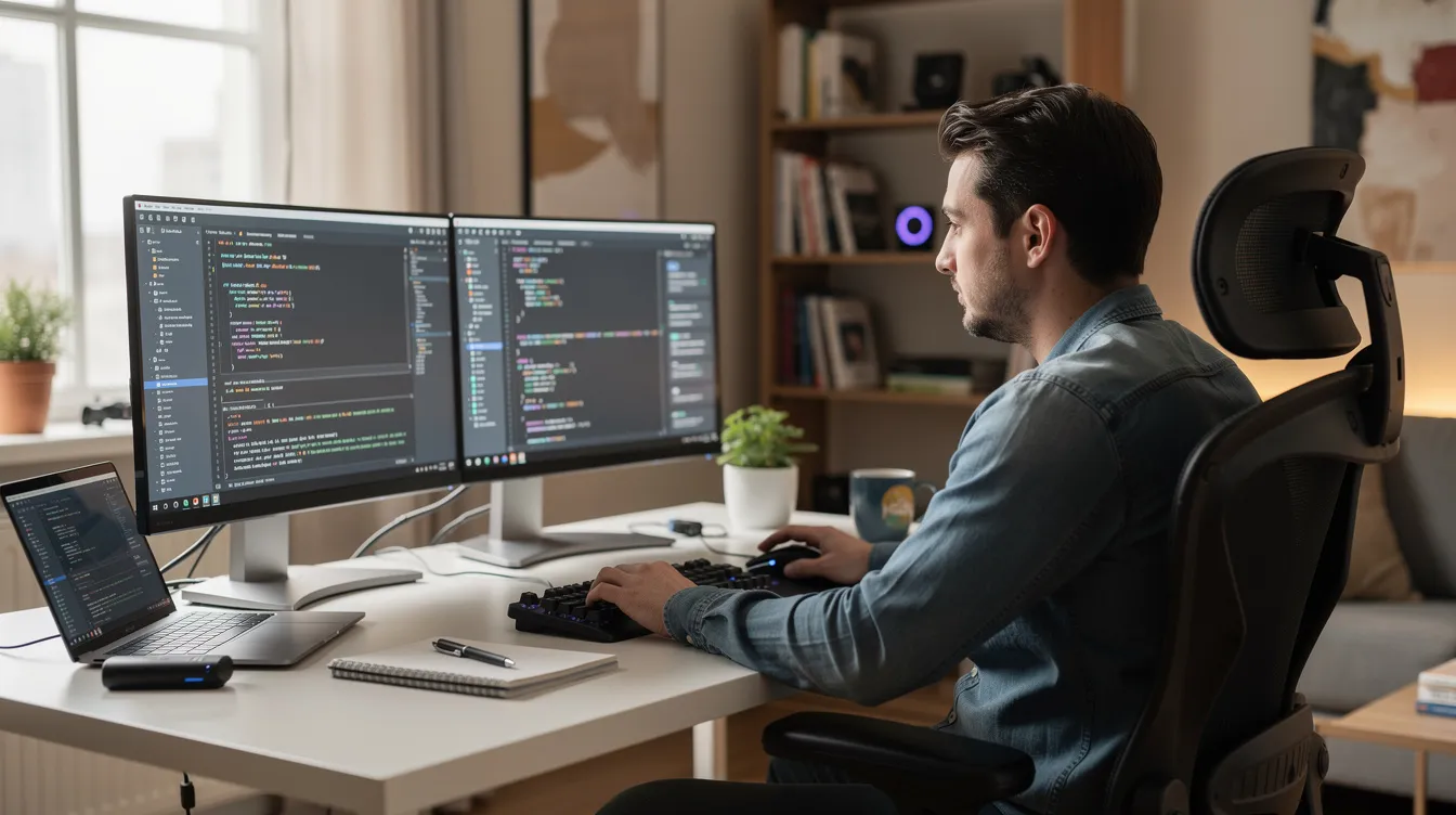 A developer at a desk with two monitors in a home office