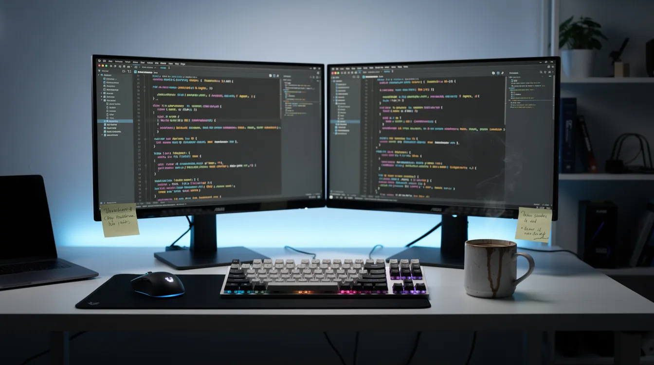 A developer desk with two monitors showing code in a dark-themed AI code editor