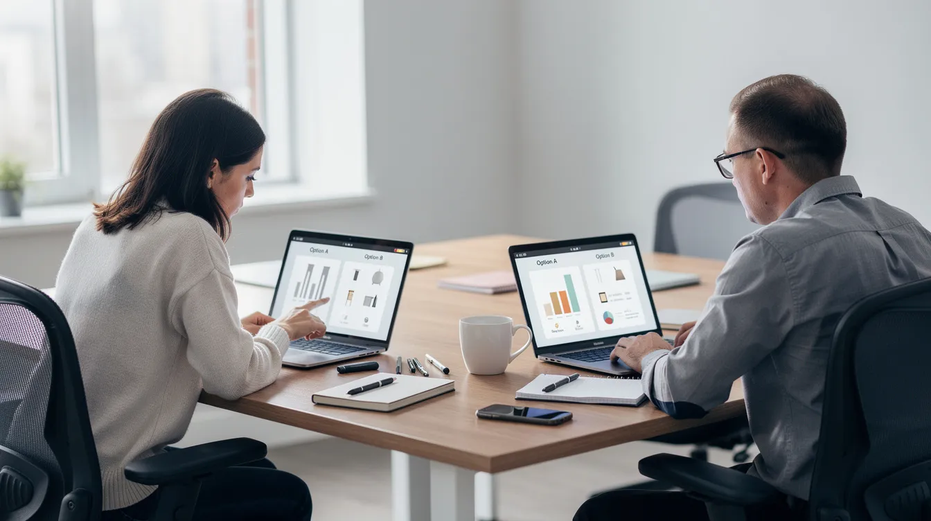 The image shows two individuals seated at a shared desk, each focused on their separate laptop screens as they compare coding options. They are likely discussing various features of AI coding assistants, such as GitHub Copilot and Cursor, while working on their projects in Visual Studio Code.