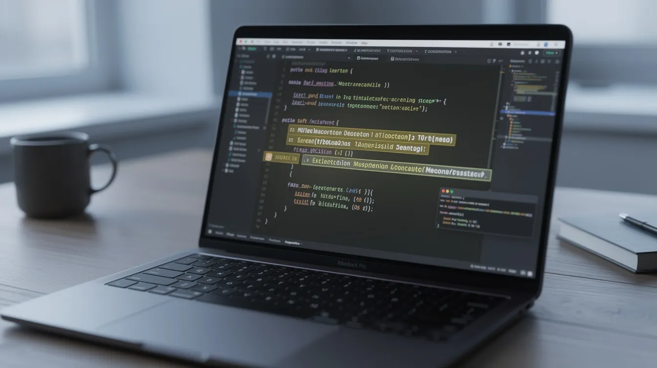 A code editor on a laptop showing AI suggestions