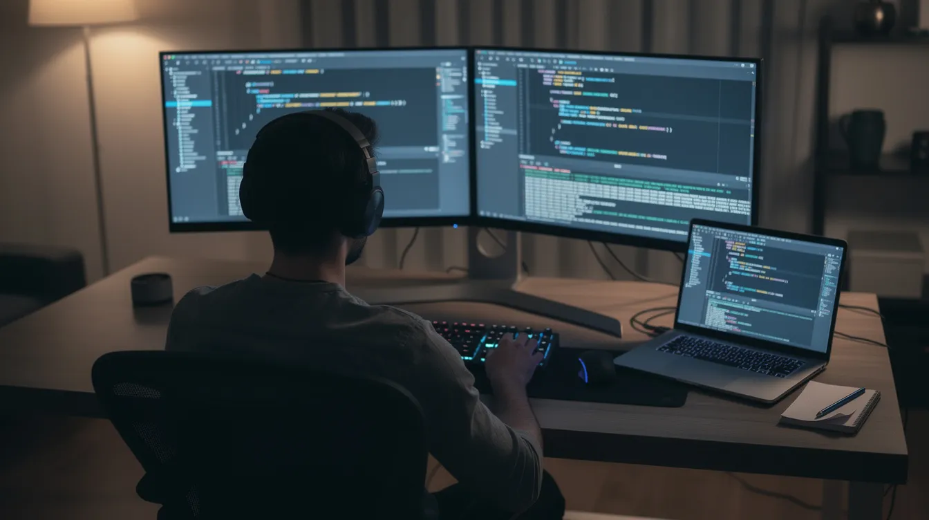 A software developer is seated at a desk in a dimly lit room, focused on dual monitors displaying lines of code and terminal windows, reflecting the use of advanced AI models and coding tools. The atmosphere suggests a deep engagement with complex reasoning tasks and multi-step workflows in software development.