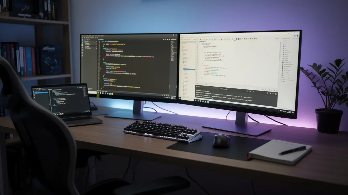 A developer workspace with two monitors showing code editors and a terminal