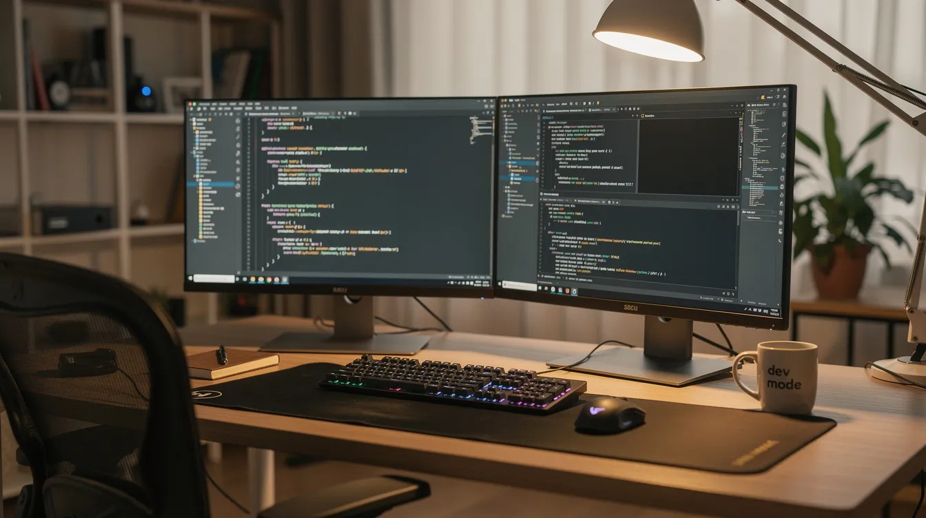 A desk with two monitors showing code