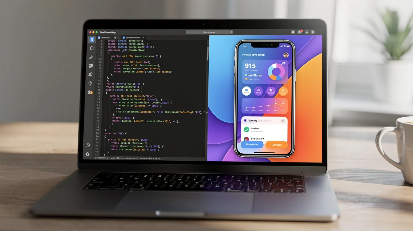 A laptop screen split between a code editor and an app preview
