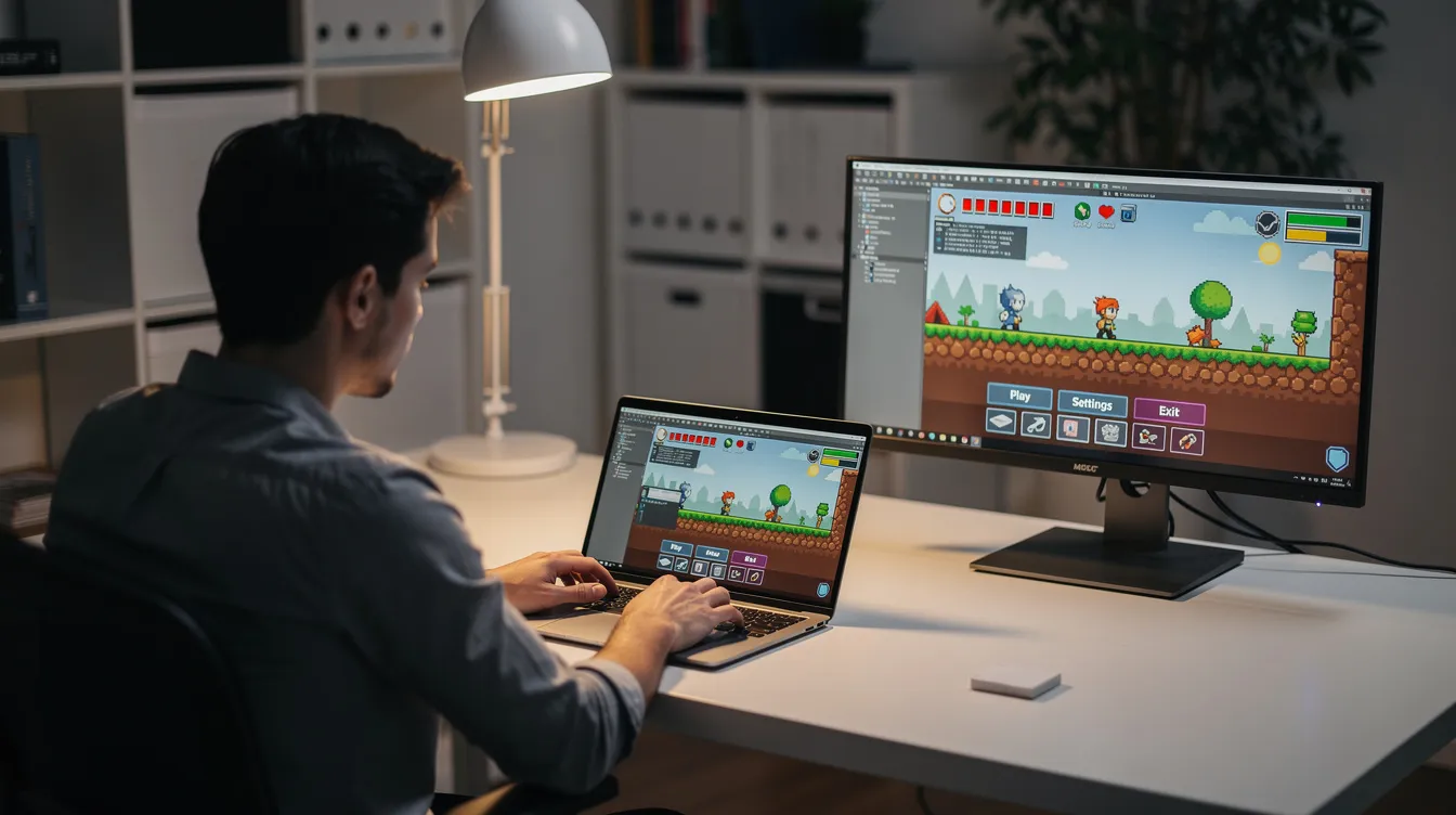 An individual sits at a desk, focused on a laptop and a second monitor displaying a game prototype, showcasing elements of game development and design. The workspace reflects the creativity and tools used by indie developers in the gaming industry, emphasizing the exciting process of making games.