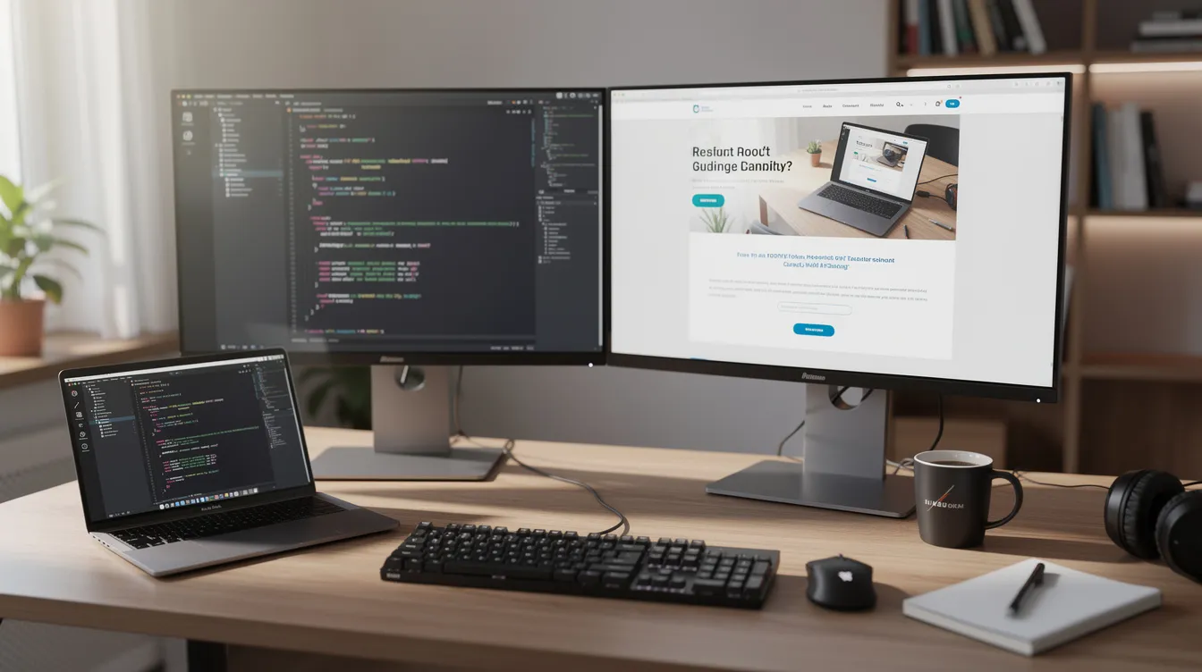 A developer workspace with a code editor and a live website preview