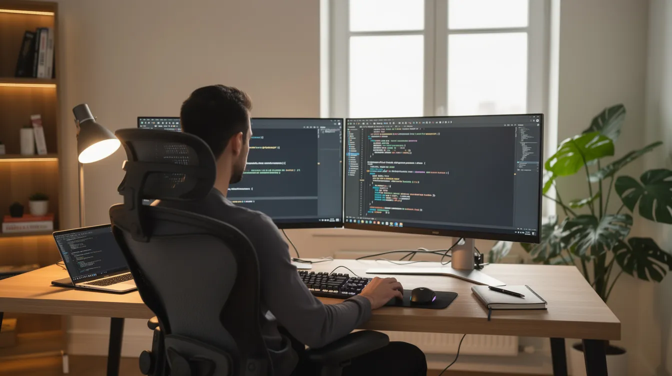 A developer using AI coding tools on dual monitors
