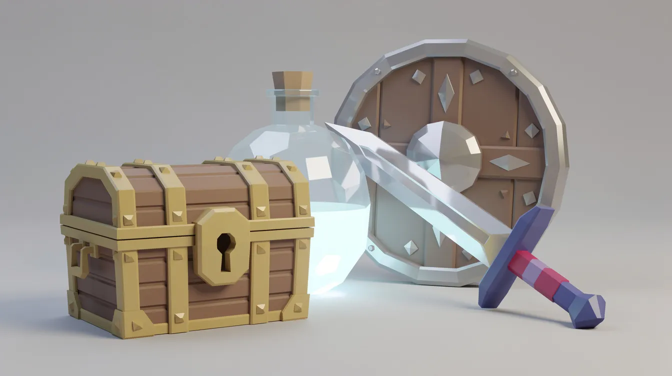 Low-poly 3D game props including a treasure chest
