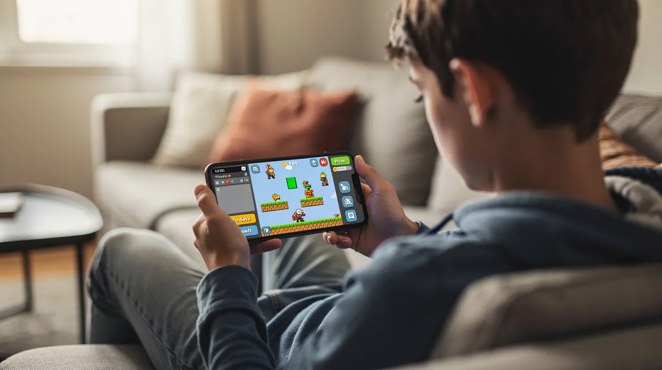 A teenager is sitting comfortably on a couch, focused on building a colorful 2D game on their smartphone, utilizing game development tools and visual scripting techniques. They are immersed in the world of game creation, exploring ideas for their first game and enjoying the process of making games.