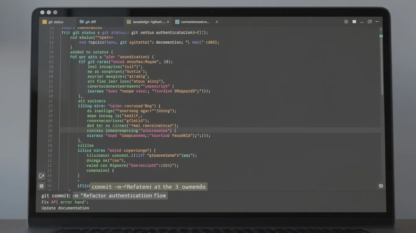 A terminal window showing code diffs and git commits