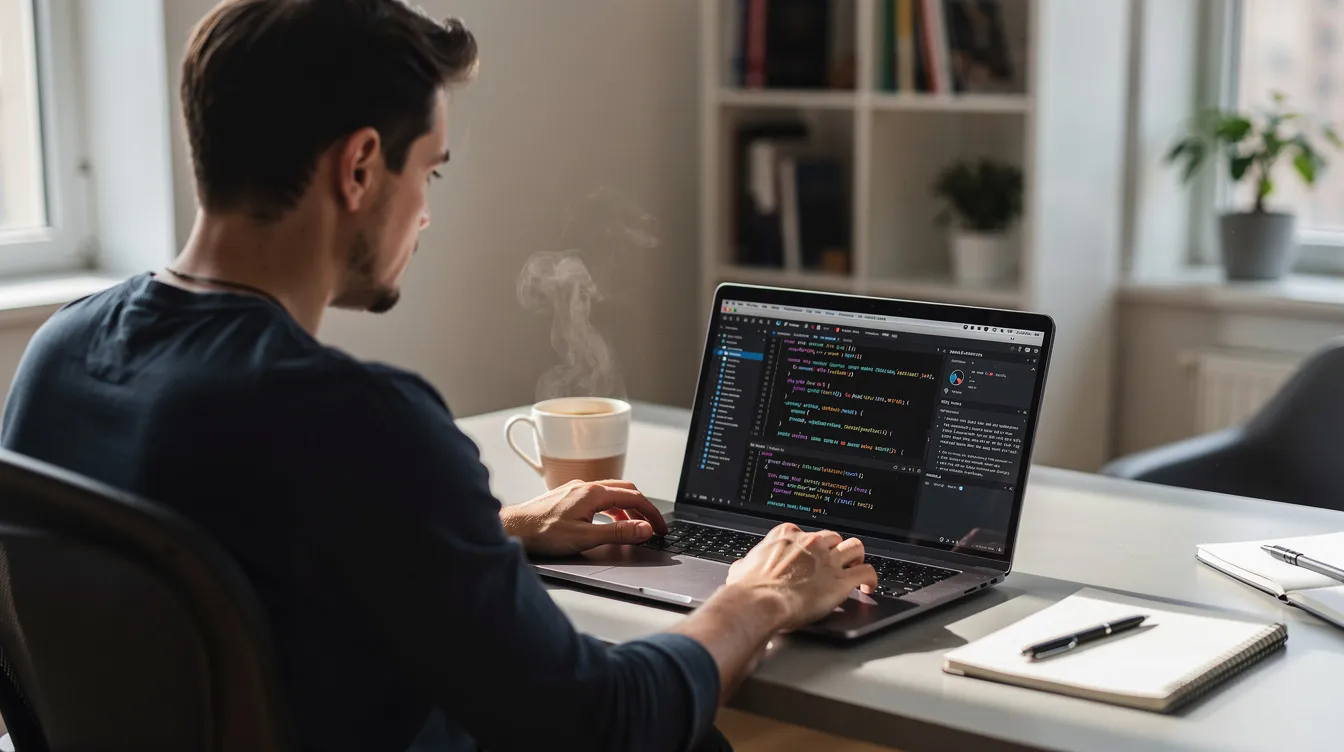 A developer is seated at a desk, focused on a laptop displaying multiple code editor windows, indicating a busy development workflow. Nearby, a coffee cup adds a touch of comfort to the scene, reflecting the environment of coding and building web apps.