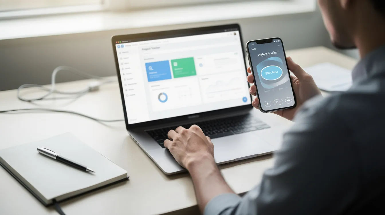 A laptop showing an app builder next to a phone with an app prototype