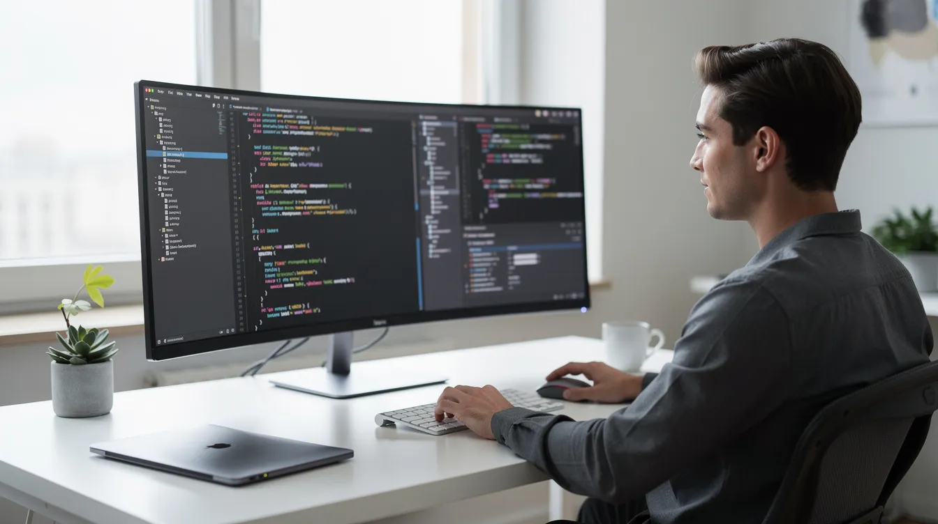 A developer writing code at a curved monitor