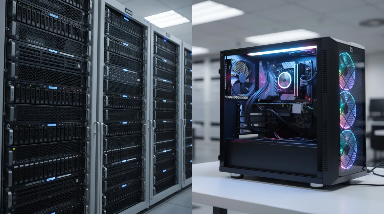 Split view of cloud server racks on one side and a local workstation with a GPU on the other