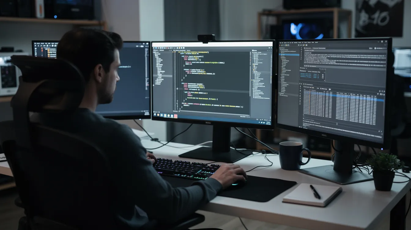 A developer at a desk with several monitors showing code editors and terminals