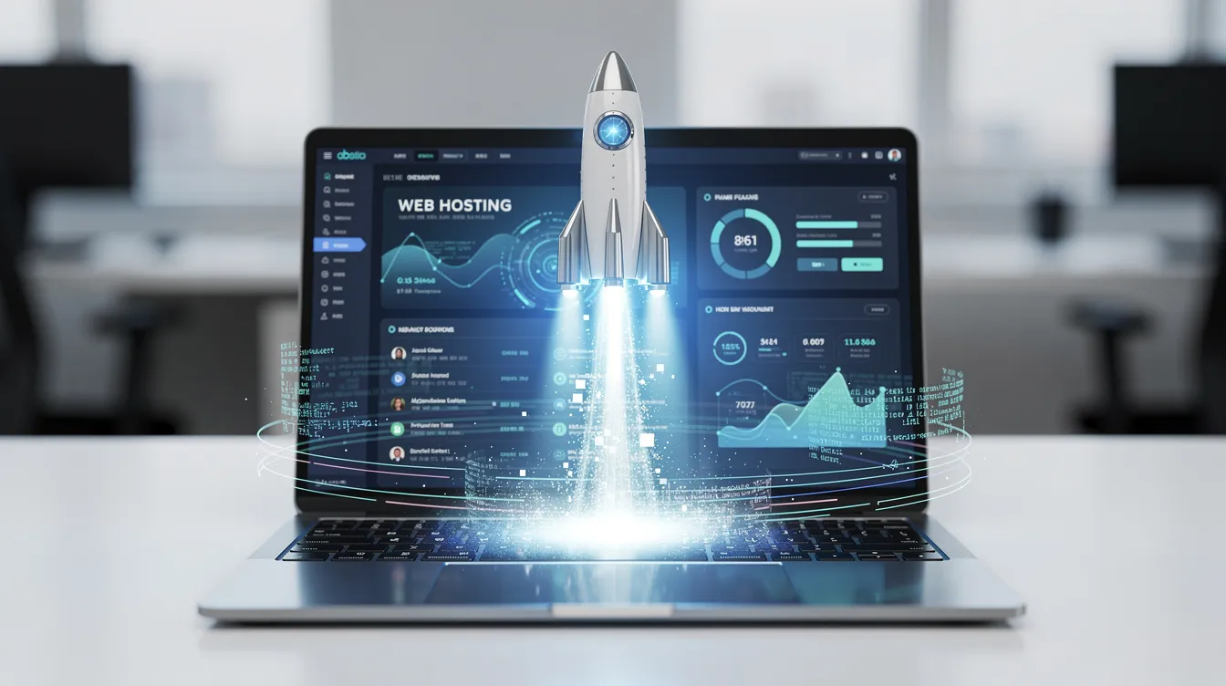 A rocket launching from a laptop screen, representing a site going live