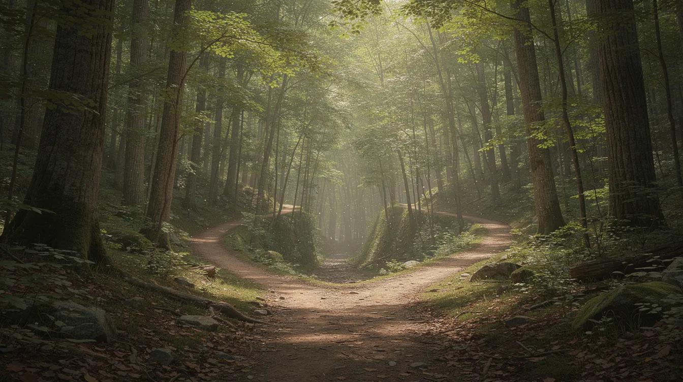Two paths through a forest, symbolising a choice