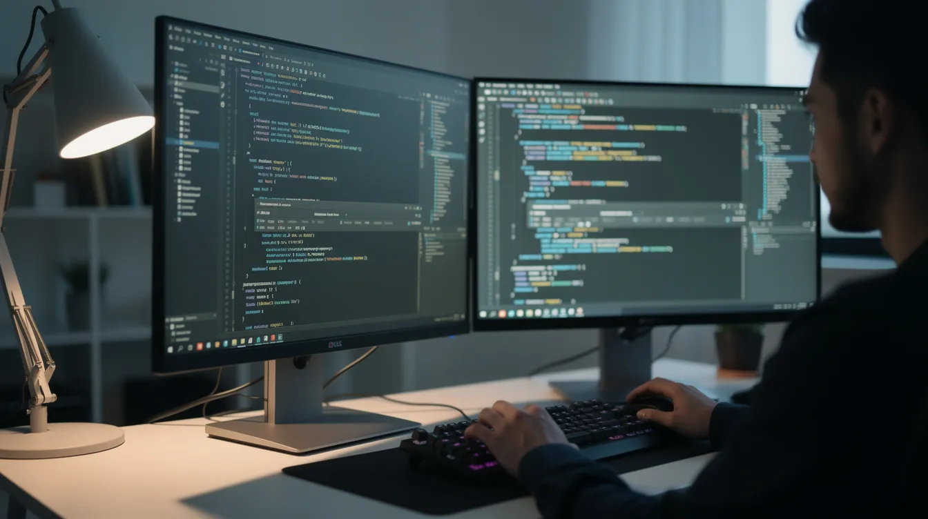 The image shows a developer intently reviewing code on a dual-monitor setup, featuring a dark IDE theme that enhances visibility and focus. The screens display complex code structures, ideal for power users working on production-ready apps.