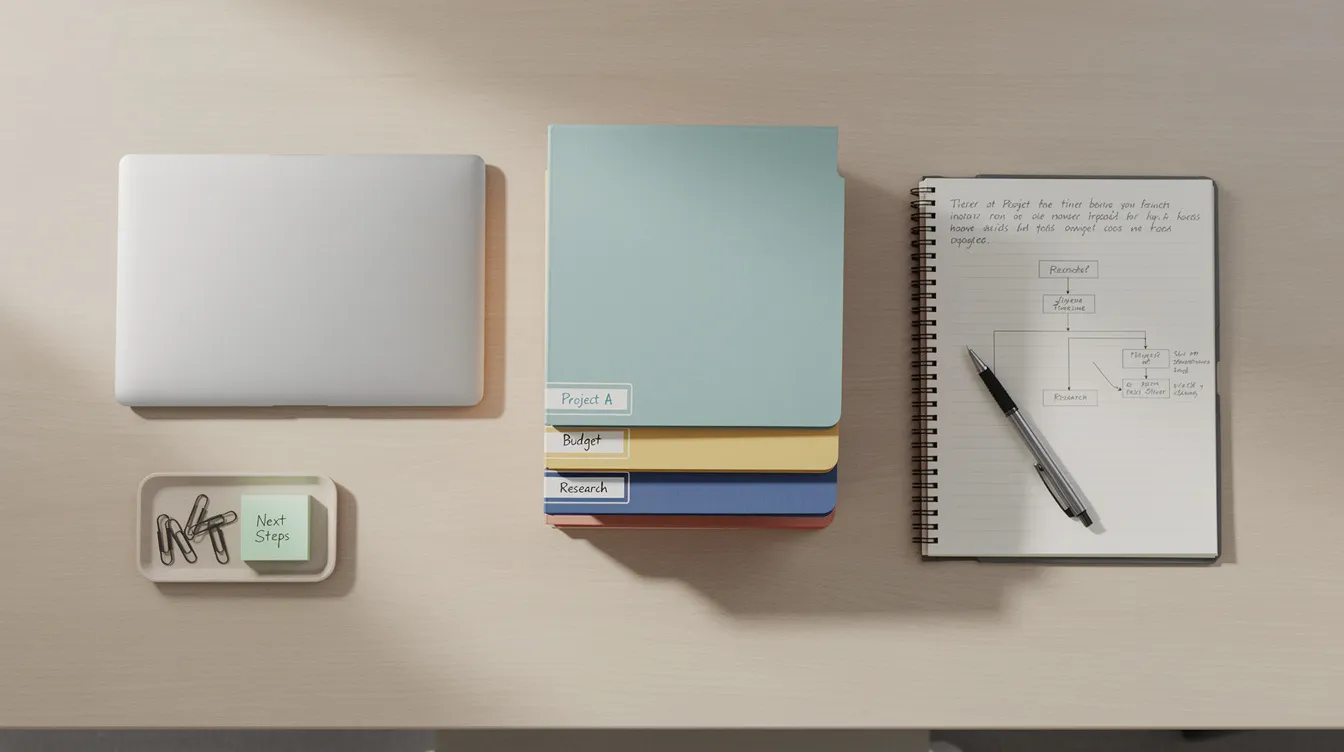 An organized desk with labeled folders and a notebook, a visual metaphor for clear project instructions in an AGENTS.md file.
