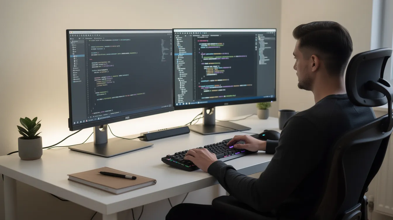 A developer comparing AI code editors on two monitors