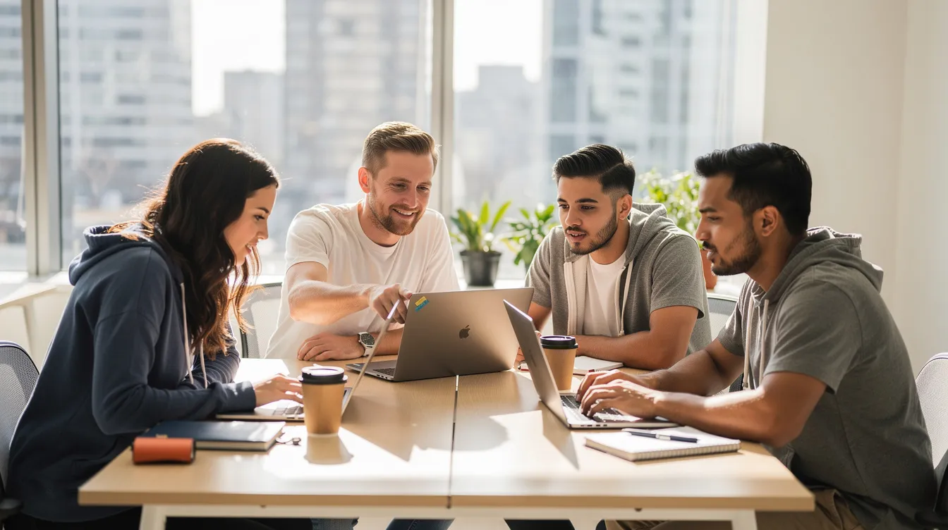 A small software team working together around laptops