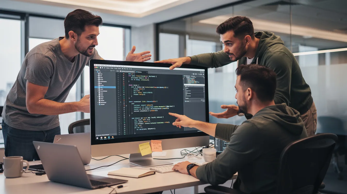 Three developers reviewing code together on a monitor