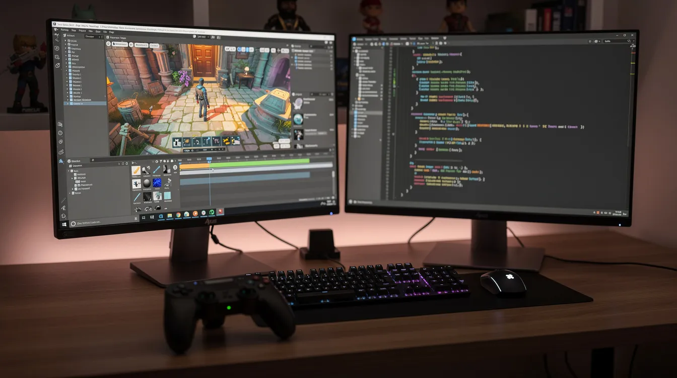 The image depicts a game developer's workspace featuring two monitors: one displaying a game engine interface and the other showing lines of code, while a gamepad rests on the desk, symbolizing the blend of coding tasks and software engineering in game development. The setup highlights the use of local hardware and coding models to create engaging gaming experiences.