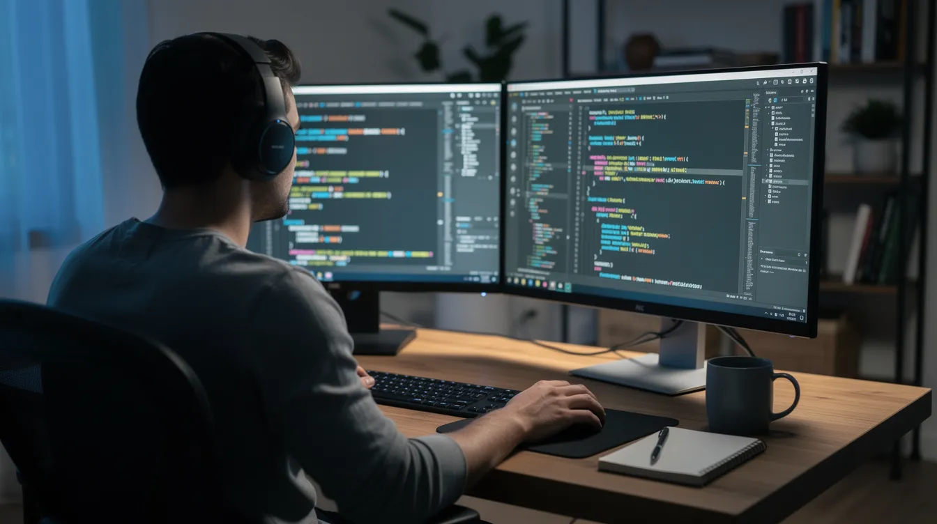 A developer with dual monitors showing a code editor