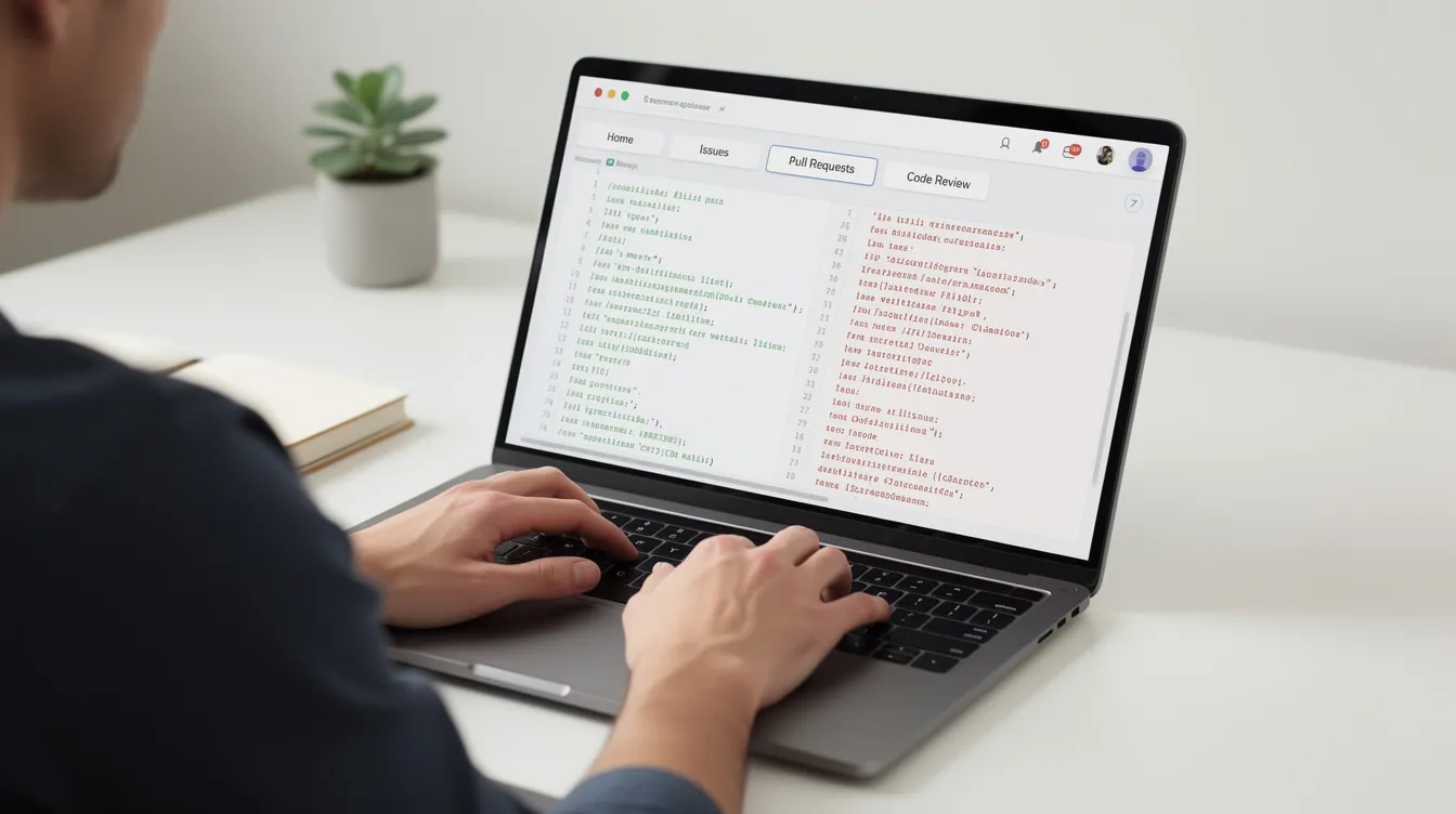 A laptop showing an application with several tabs and a code diff view, similar to reviewing an AI agent's changes in a desktop app.